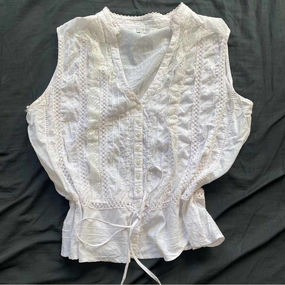 Sleeveless White Eyelet Lace Button-Front Blouse with Waist Tie